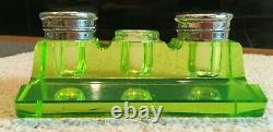 RARE Vintage Double Inkwell Pen Holder Green Uranium Glass Vaseline Beautiful