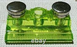 RARE Vintage Double Inkwell Pen Holder Green Uranium Glass Vaseline Beautiful