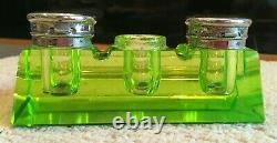 RARE Vintage Double Inkwell Pen Holder Green Uranium Glass Vaseline Beautiful