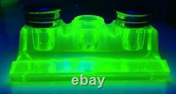 RARE Vintage Double Inkwell Pen Holder Green Uranium Glass Vaseline Beautiful