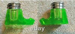 RARE Vintage Double Inkwell Pen Holder Green Uranium Glass Vaseline Beautiful