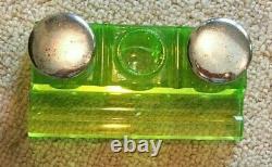 RARE Vintage Double Inkwell Pen Holder Green Uranium Glass Vaseline Beautiful