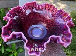 RARE Vintage FENTON Plum Opalescent Hobnail Ruffled Crimped Glass Bowl/Vase