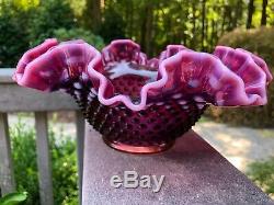 RARE Vintage FENTON Plum Opalescent Hobnail Ruffled Crimped Glass Bowl/Vase