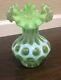 RARE! Vintage Fenton 7 Opalescent Green Coin Dot Spot Ruffle Vase