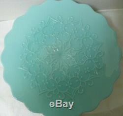 RARE Vintage Fenton Blue Milk Glass Spanish Lace Cake Stand Pie Plate 12.5