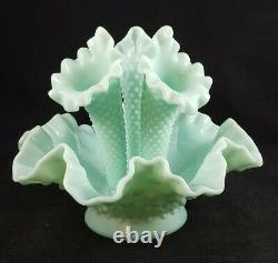 RARE Vintage Mint Green Fenton Hobnail Milk Glass Epergne Vase Ruffled Bowl