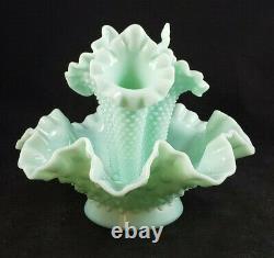 RARE Vintage Mint Green Fenton Hobnail Milk Glass Epergne Vase Ruffled Bowl