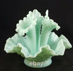 RARE Vintage Mint Green Fenton Hobnail Milk Glass Epergne Vase Ruffled Bowl