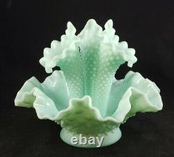 RARE Vintage Mint Green Fenton Hobnail Milk Glass Epergne Vase Ruffled Bowl