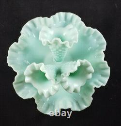 RARE Vintage Mint Green Fenton Hobnail Milk Glass Epergne Vase Ruffled Bowl