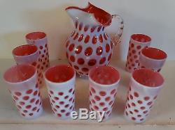 RARE! Vintage fenton art glass opalescent cranberry coin dot pitcher 8 tumblers