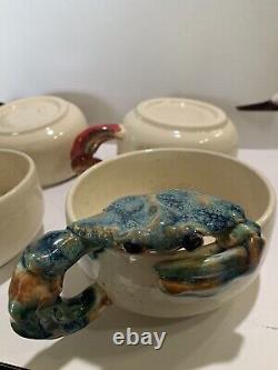 ROBERT WESSELL Art Pottery Chesapeake Crab Bowls Folk Cajun Sea Signed Rare Set