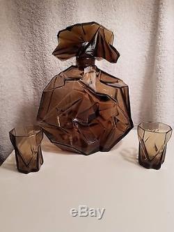 Ruba Rombic Smokey Topaz Glass Whiskey Decanter /two Glasses, Art Deco Depression