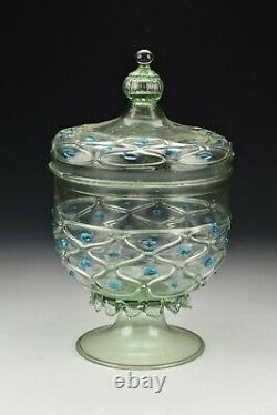 Rare 17th Century Venetian Covered Compote With Applied Blue Glass Trim