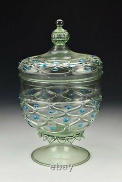 Rare 17th Century Venetian Covered Compote With Applied Blue Glass Trim