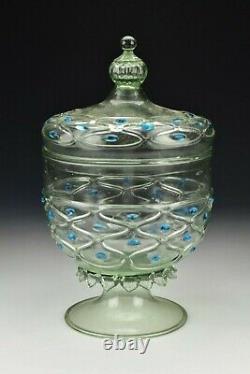 Rare 17th Century Venetian Covered Compote With Applied Blue Glass Trim