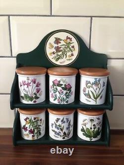 Rare 6 Portmeirion Botanic Garden Herb Spice Storage Jars Lidded Pots Shelf Set