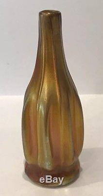 Rare! Antique LCT Tiffany Studios Favrile Ribbed Gold Art Glass Vase Signed