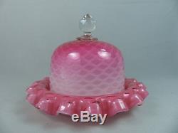 Rare Antique Phoenix Cased Cranberry Ruby Diamond Quilted MOP Glass Cheese Dish