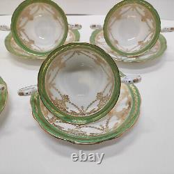 Rare Aynsley B491 Cream Soup Cups/(Bowls)& Saucers Green Gold Design, Set of 5
