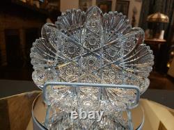 Rare Bowl 8, American Brilliant period Cut Glass Crystal Prism Fans & Hobstars