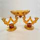 Rare Cambridge Amber Glass Candlesticks & Bowl in Wildflower 22k Gold Etching