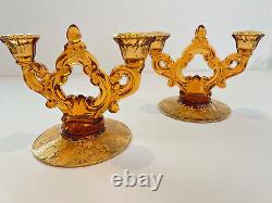 Rare Cambridge Amber Glass Candlesticks & Bowl in Wildflower 22k Gold Etching