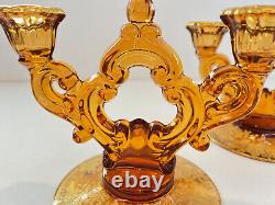 Rare Cambridge Amber Glass Candlesticks & Bowl in Wildflower 22k Gold Etching