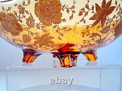 Rare Cambridge Amber Glass Candlesticks & Bowl in Wildflower 22k Gold Etching