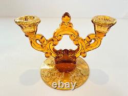 Rare Cambridge Amber Glass Candlesticks & Bowl in Wildflower 22k Gold Etching