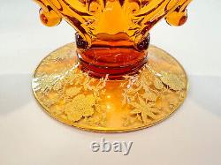 Rare Cambridge Amber Glass Candlesticks & Bowl in Wildflower 22k Gold Etching