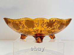 Rare Cambridge Amber Glass Candlesticks & Bowl in Wildflower 22k Gold Etching