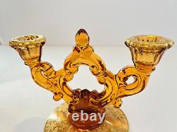 Rare Cambridge Amber Glass Candlesticks & Bowl in Wildflower 22k Gold Etching