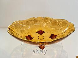 Rare Cambridge Amber Glass Candlesticks & Bowl in Wildflower 22k Gold Etching