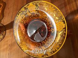 Rare Cambridge Amber Glass Candlesticks & Bowl in Wildflower 22k Gold Etching