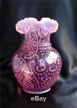Rare Cranberry Opalescent Glass Water Pitcher Arabian Nights Pattern, Beaumont