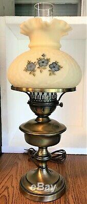 Rare Fenton 1980 5 Petals Blue Dogwood Cameo Satin Custard Basket Weave Lamp