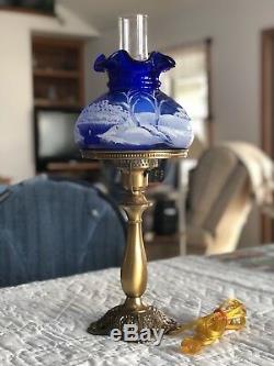 Rare Fenton Cobalt Glass Lamp Canaan Valley With Red Bird. Signed And Dated