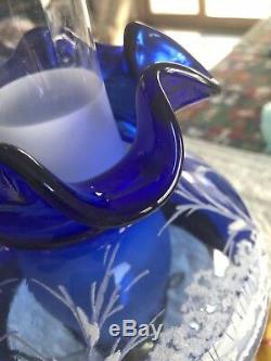 Rare Fenton Cobalt Glass Lamp Canaan Valley With Red Bird. Signed And Dated