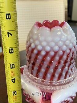 Rare Fenton Cranberry Hobnail Swirl Ferry Lamp With Square Top Base Lot 5-6