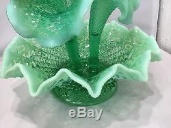 Rare Fenton Emerald Green Opalescent Hobnail Glass 3 Horn Epergne Mid-Century