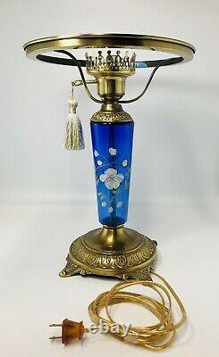 Rare Fenton Lamp Cobalt Blue Glass Hand Painted Flowers Signed Artist S. Smith