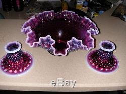 Rare Fenton Plum Hobnail Opalescent Art Glass Bowl & Candle Sticks Holders