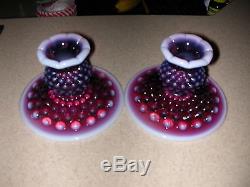 Rare Fenton Plum Hobnail Opalescent Art Glass Bowl & Candle Sticks Holders