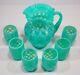 Rare Fenton Turquoise Green Coin Dot Blue Opalescent Pitcher & 6 Barrel Tumblers