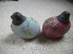 Rare Mt Washington Glass Works Chick On Egg S&p Shakers Hand Paint Orig Stickers
