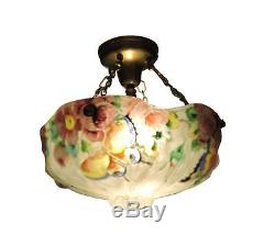 Rare PAIRPOINT PUFFY Glass Hanging Lamp with BUTTERFLIES and ROSES