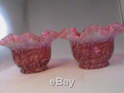 Rare Pair Antique FENTON Daisy Fern Opalescent Cranberry Art Glass Lamp Shades