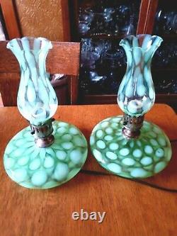 Rare Pair Fenton Coin Spot/dot Green Opalescent G-70 Series Pancake Lamps 1930's